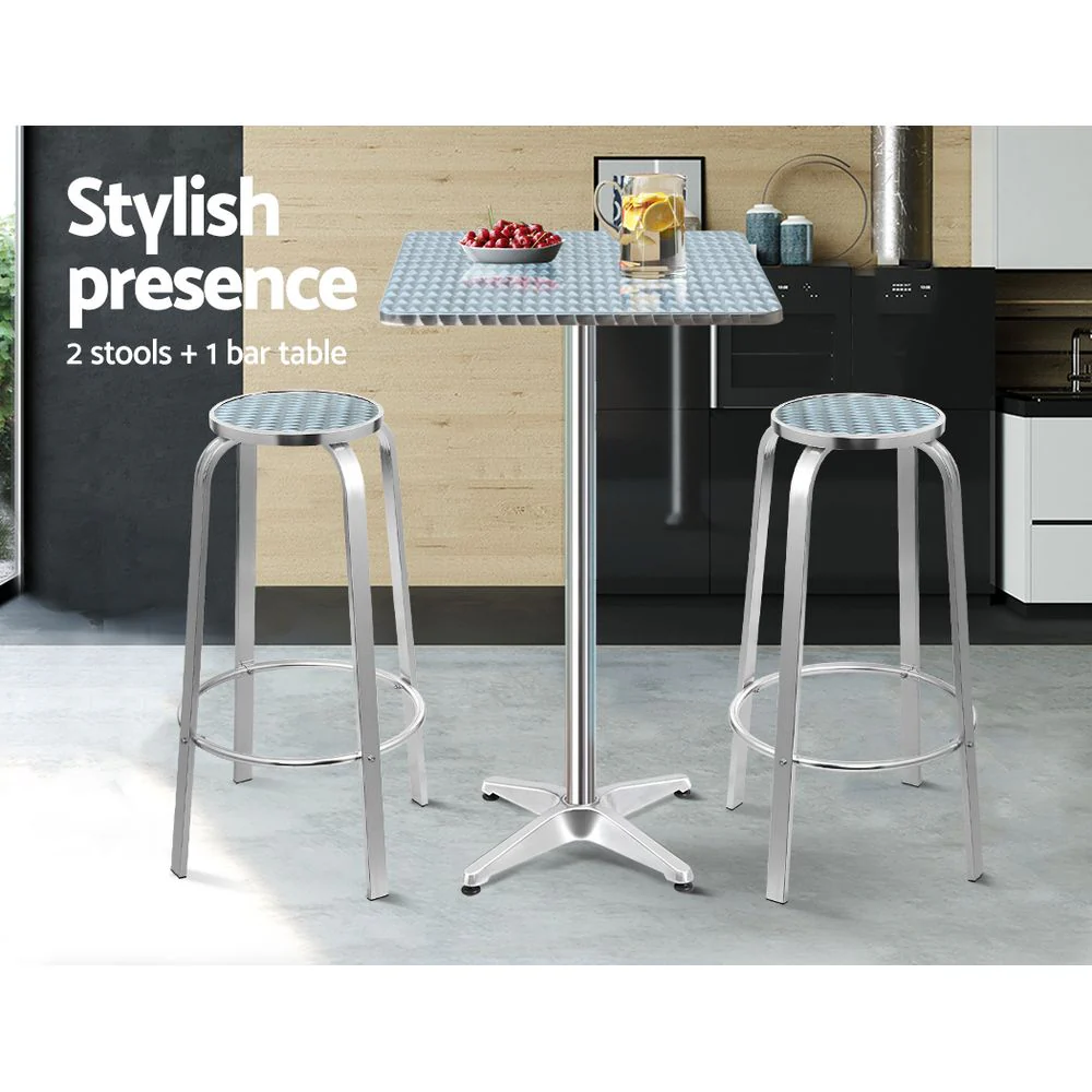 Outdoor Bistro Set Bar Table Stools Adjustable Aluminium Cafe 3PC Square - Image 3