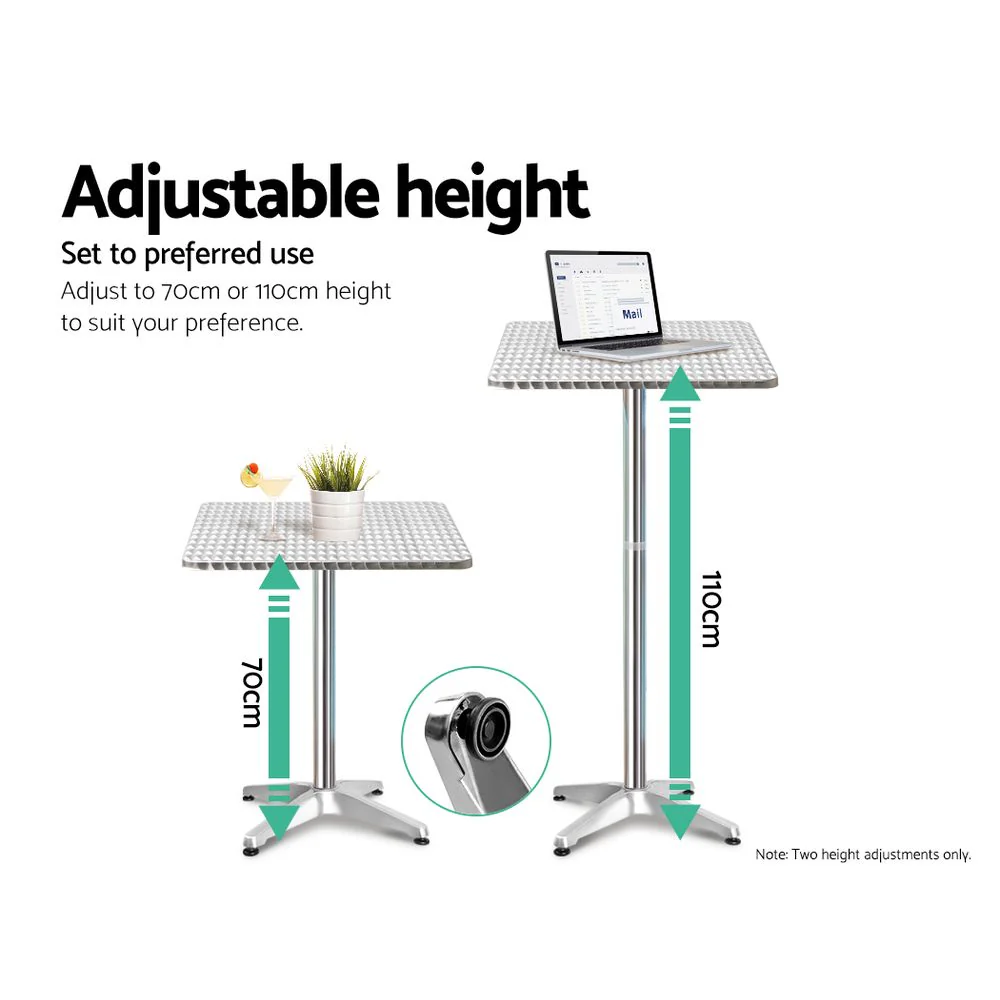 Outdoor Bistro Set Bar Table Stools Adjustable Aluminium Cafe 3PC Square - Image 5