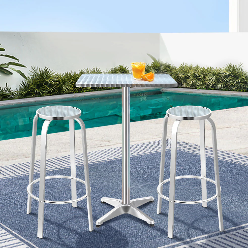 Outdoor Bistro Set Bar Table Stools Adjustable Aluminium Cafe 3PC Square - Image 7