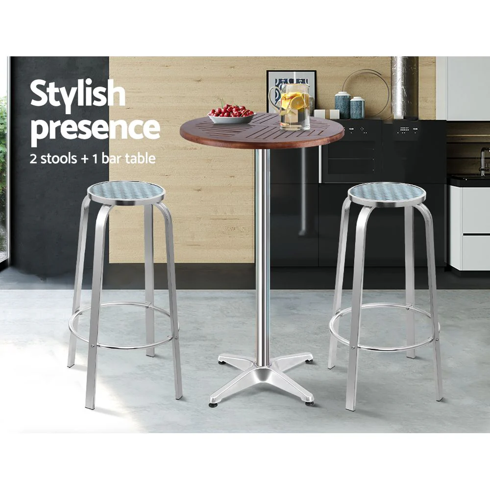 Outdoor Bistro Set Bar Table Stools Adjustable Aluminium Cafe 3PC Wood - Image 3