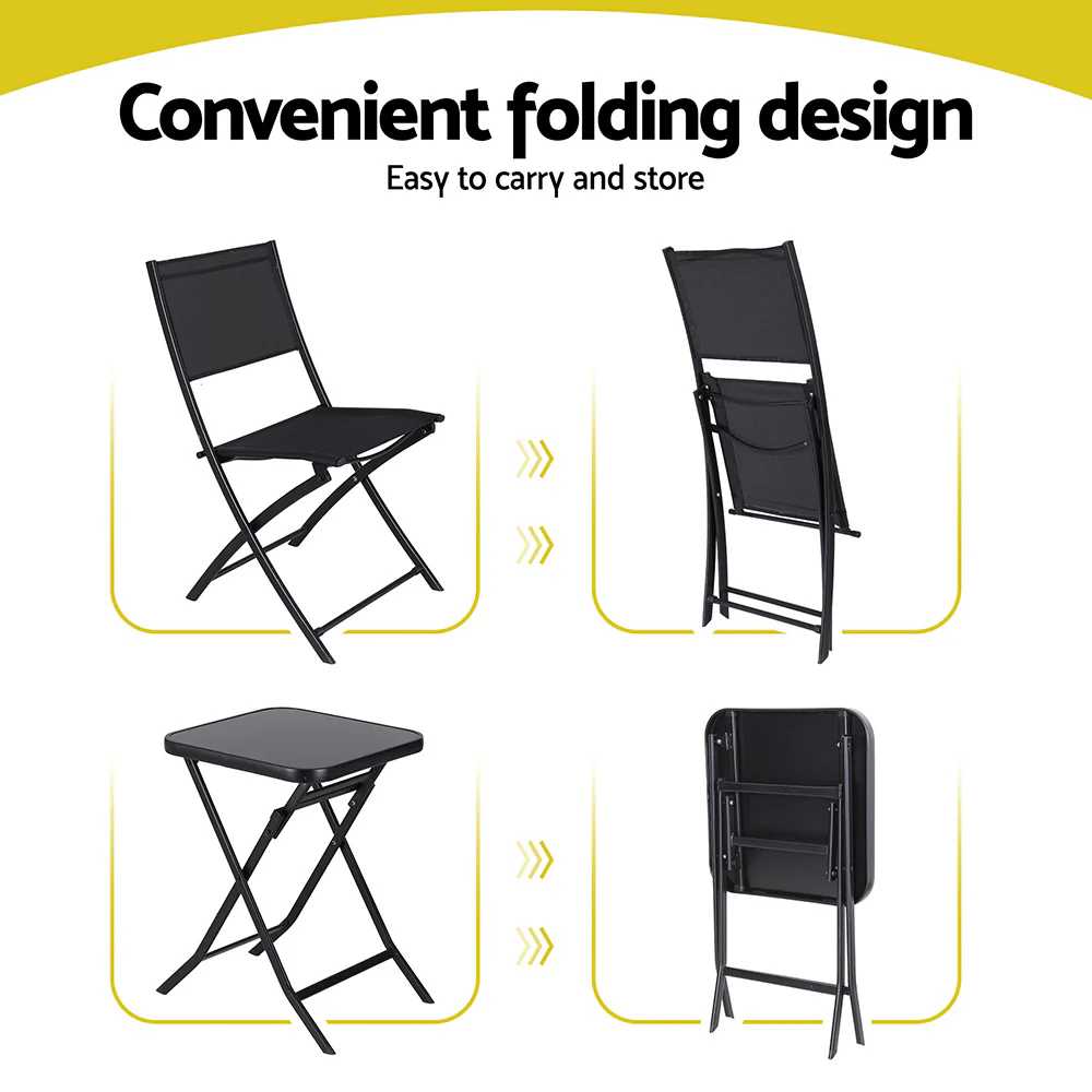 Outdoor Bistro Set Folding Table and Chairs Patio Furniture Garden Steel Black - Image 5