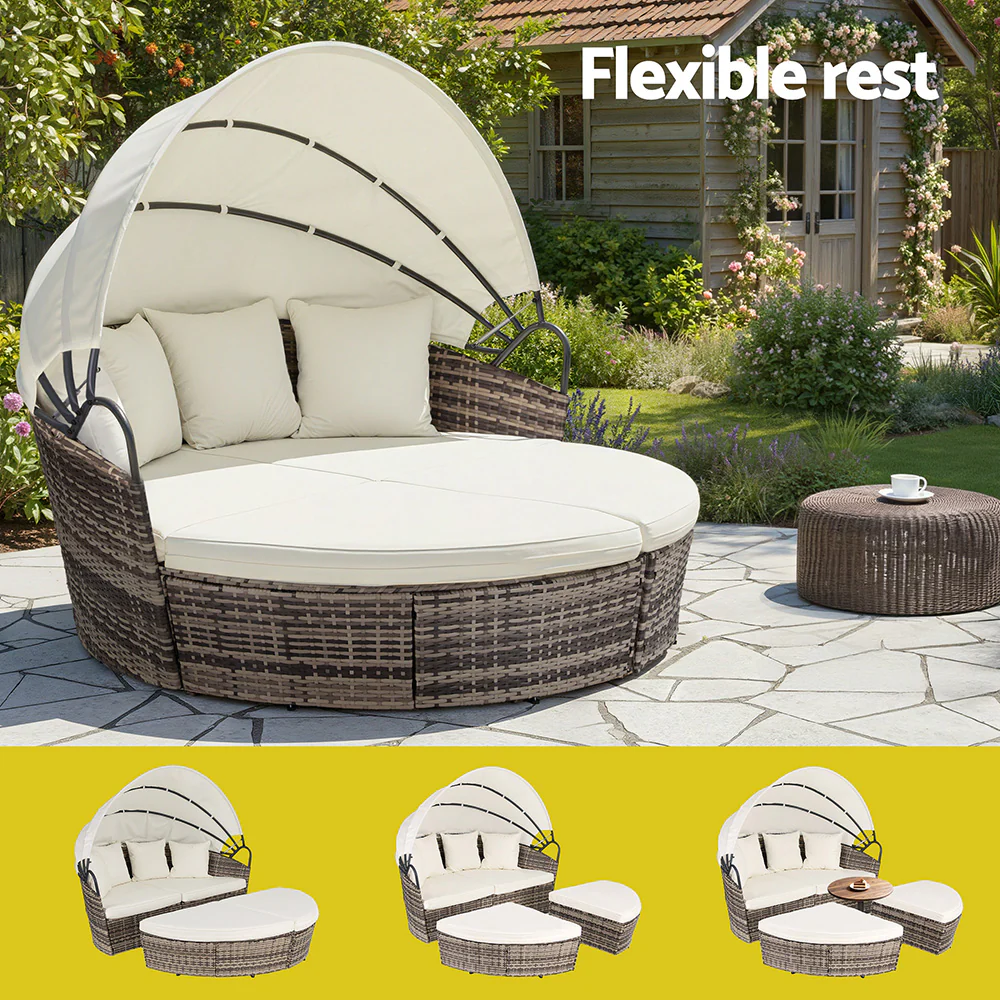 Outdoor Day Bed Sun Lounge Setting Wicker Lounger Furniture Patio Beige Set of 3 - Image 6