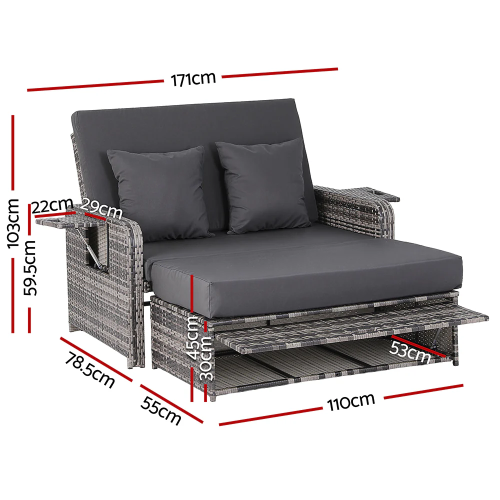 Outdoor Day Bed Sun Lounge Setting Wicker Lounger Patio Furniture Grey - Image 3