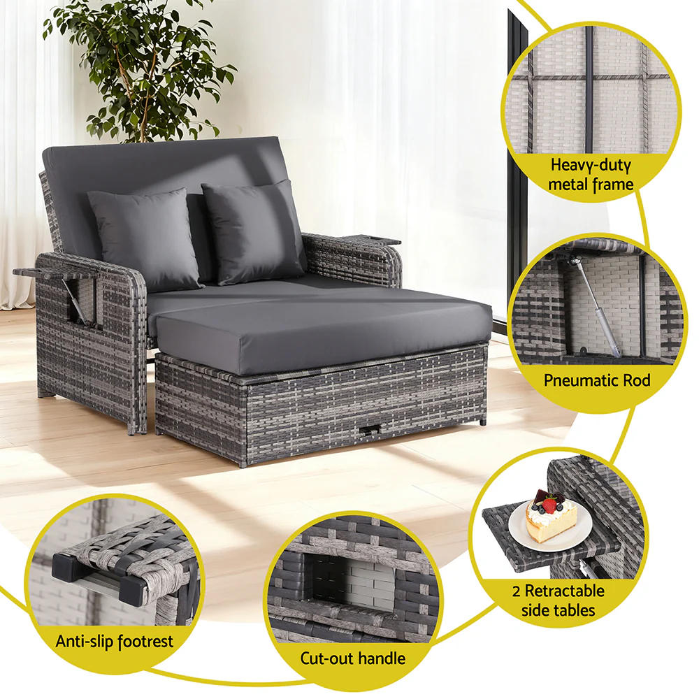 Outdoor Day Bed Sun Lounge Setting Wicker Lounger Patio Furniture Grey - Image 5