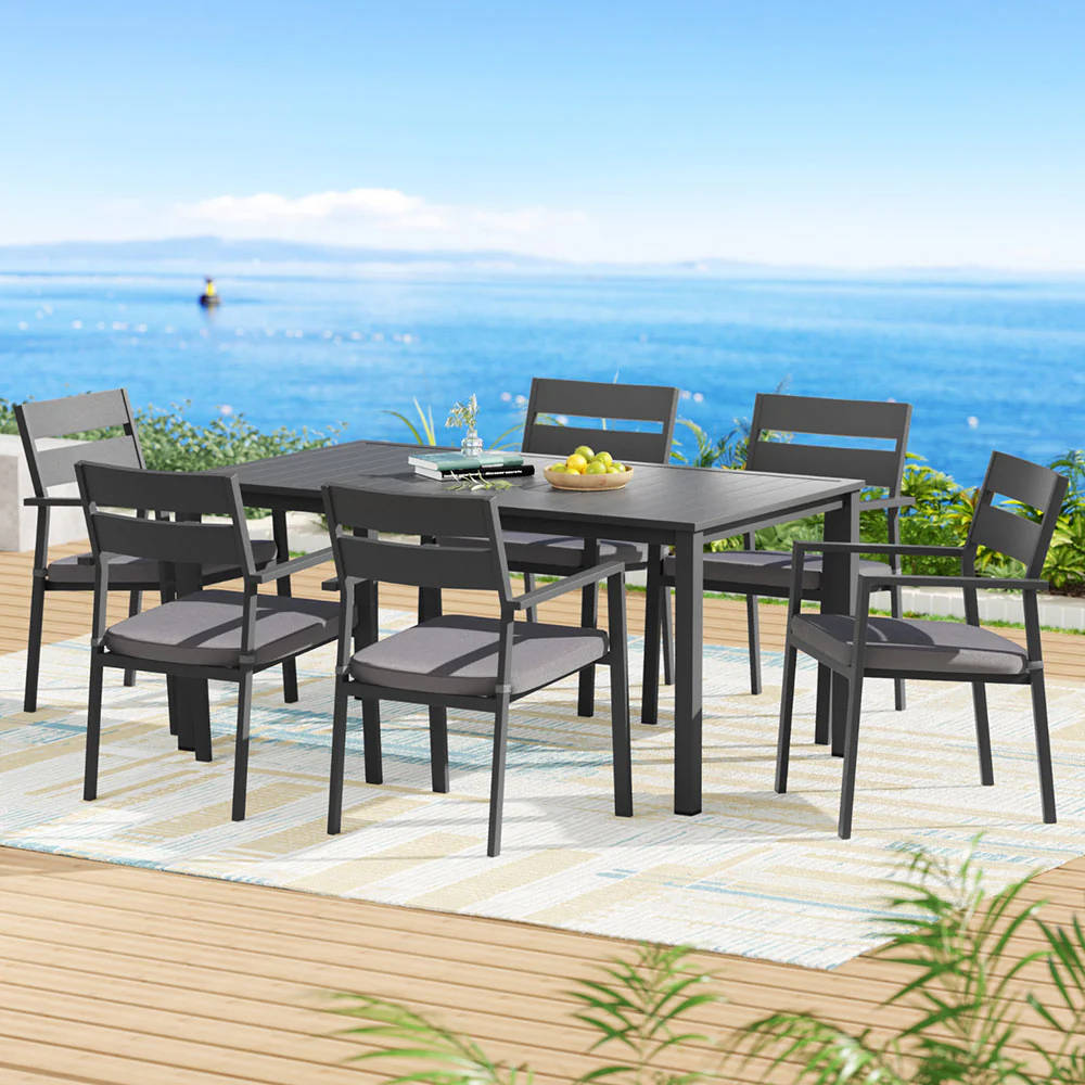 Outdoor Dining Set 7 Piece Aluminum Table Chairs Setting Black - Image 7
