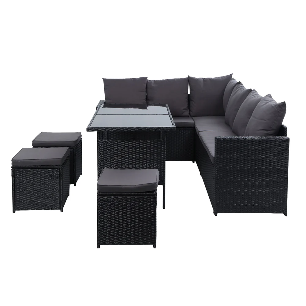 Outdoor Dining Set Sofa Lounge Setting Chairs Table Ottoman Black Cover - Image 4