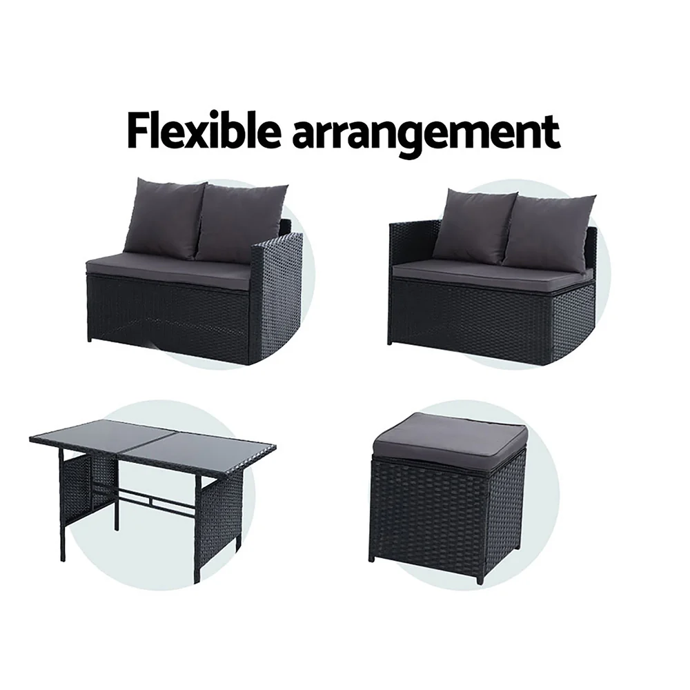 Outdoor Dining Set Sofa Lounge Setting Chairs Table Ottoman Black Cover - Image 7