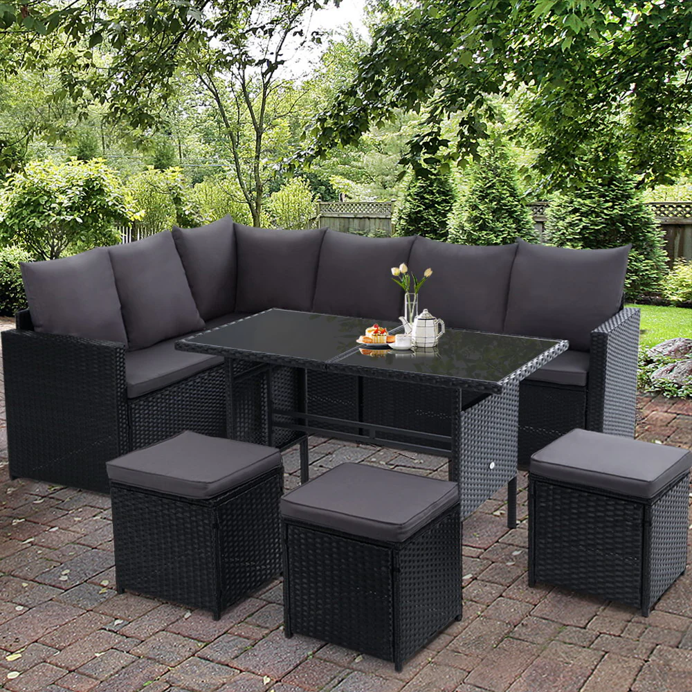 Outdoor Dining Set Sofa Lounge Setting Chairs Table Ottoman Black Cover - Image 8