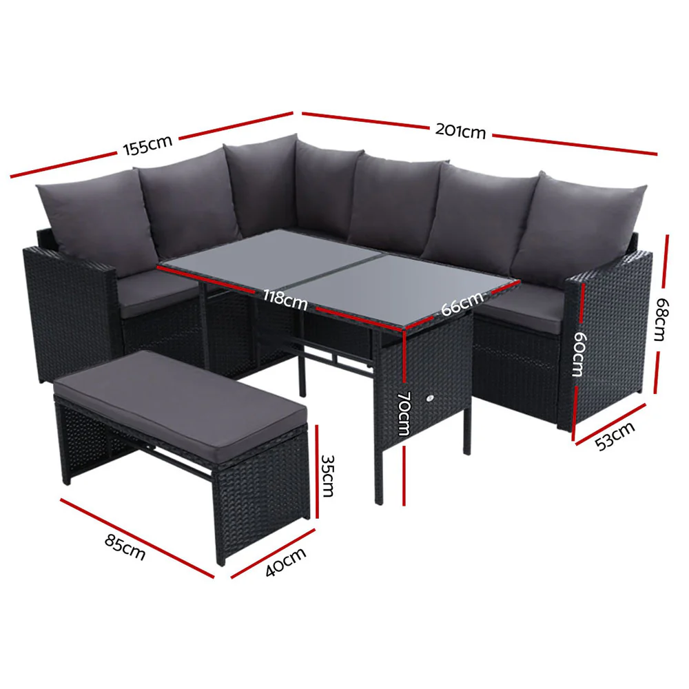 Outdoor Furniture Dining Setting Sofa Set Lounge Wicker 8 Seater Black - Image 2