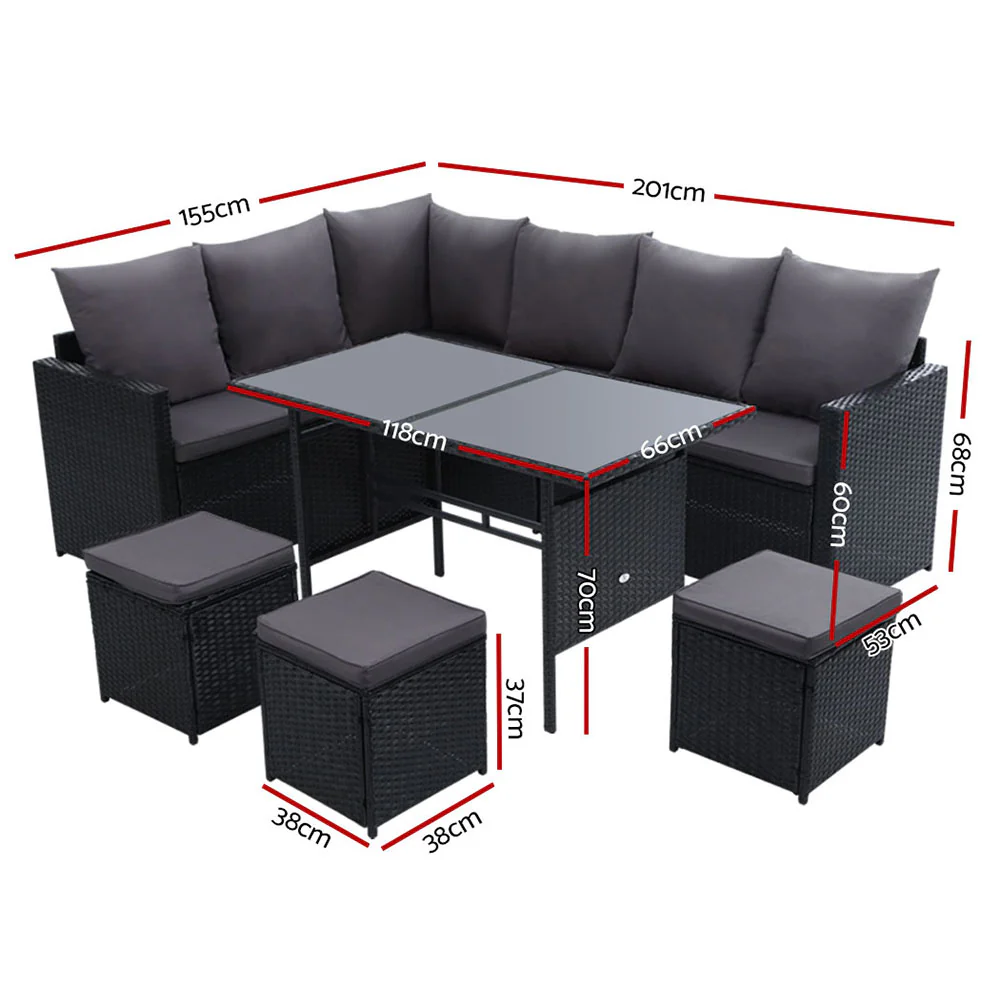 Outdoor Furniture Dining Setting Sofa Set Lounge Wicker 9 Seater Black - Image 2