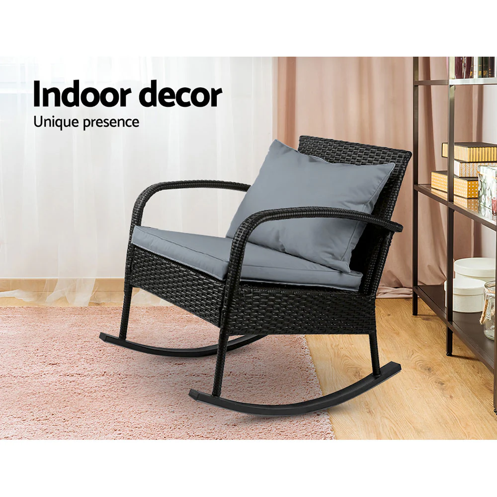 Outdoor Furniture Rocking Chair Wicker Garden Patio Lounge Setting Black - Image 4