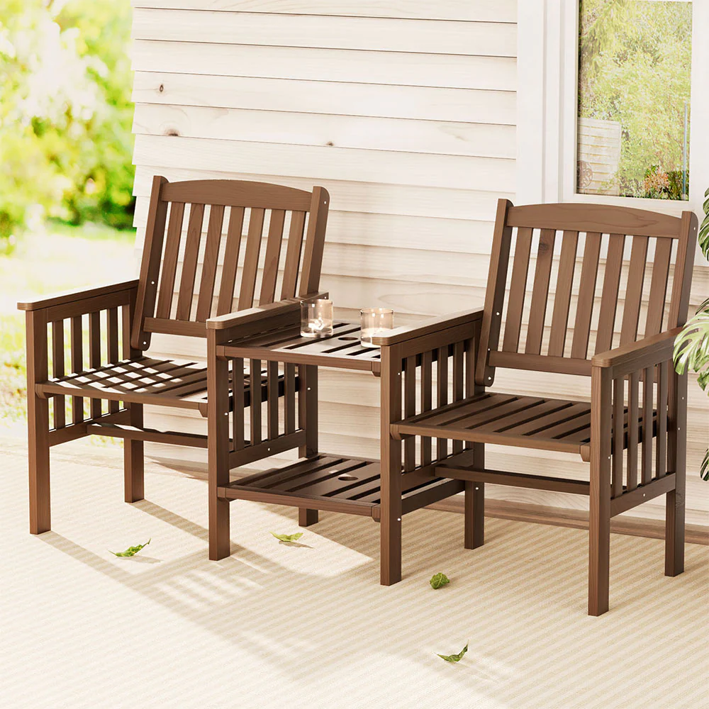 Outdoor Garden Bench Loveseat Wooden Table Chairs Patio Furniture Brown - Image 6