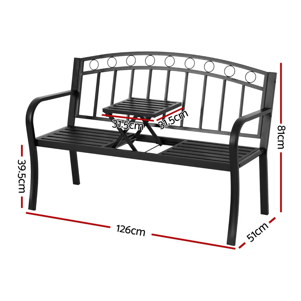Outdoor Garden Bench Seat with Foldable Table - Black - Image 2