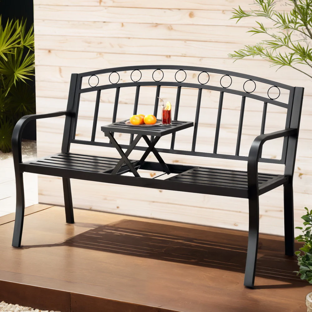 Outdoor Garden Bench Seat with Foldable Table - Black - Image 7