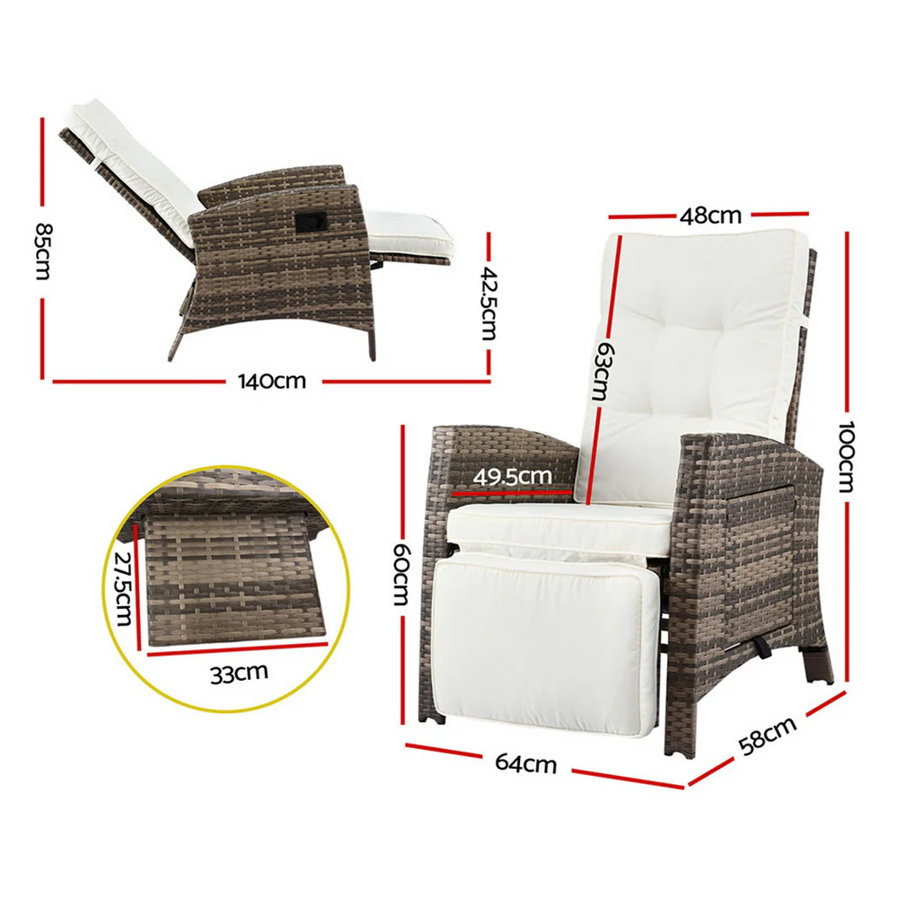 Outdoor Recliner Chairs Sun lounge Wicker Lounger Patio Furniture Adjustable Brown - Image 2