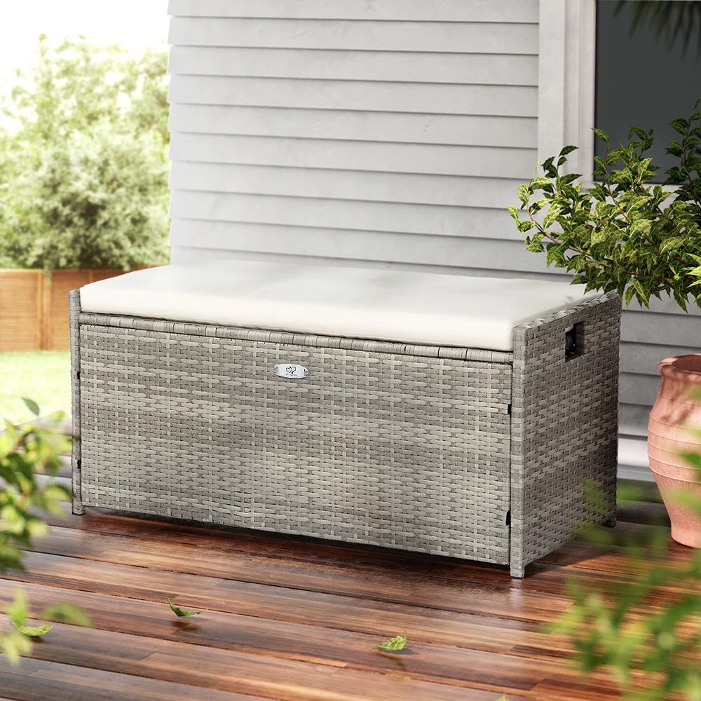 Outdoor Storage Bench Box Wicker Garden Sheds Tools Cushion Patio Furniture Grey - Image 7