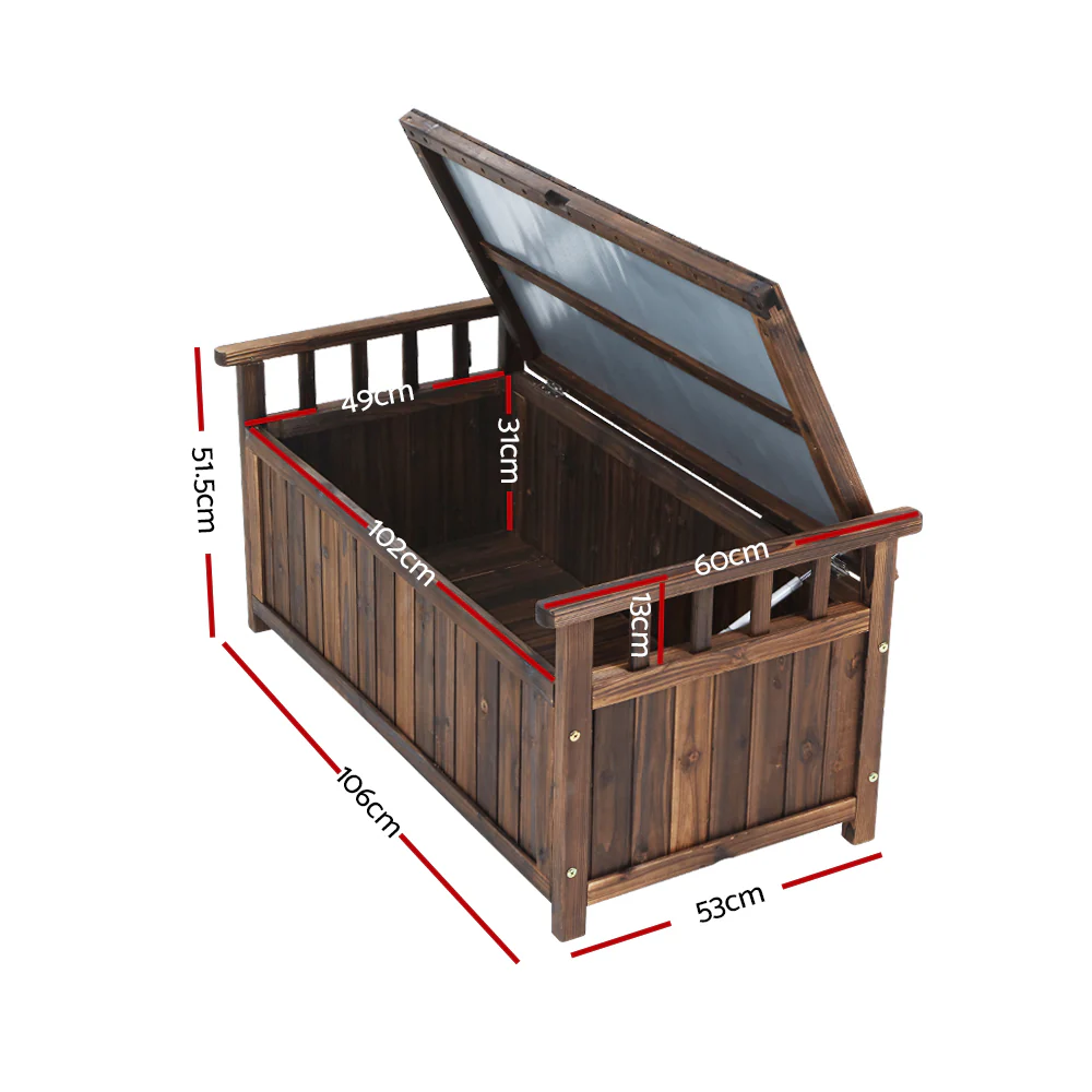 Outdoor Storage Bench Box Wooden Garden Toy Tool Shed Patio Furniture Charcoal - Image 2