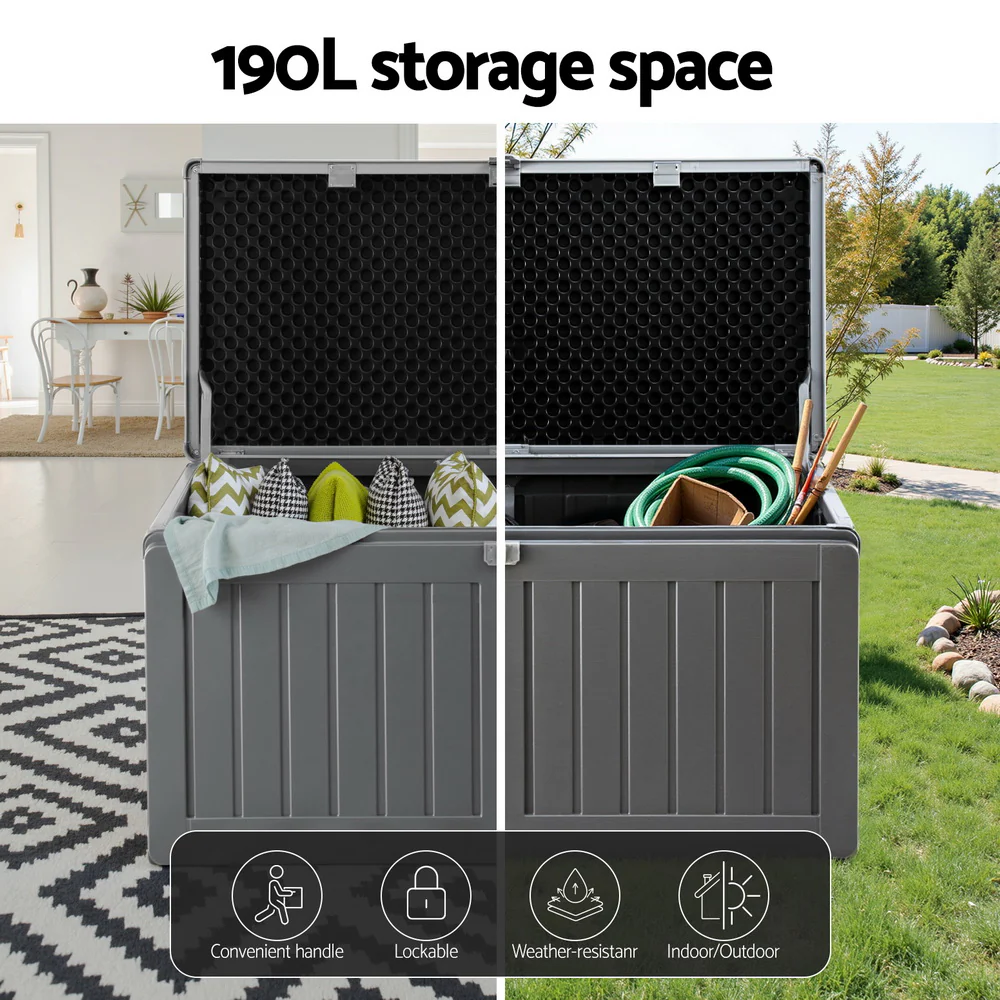 Outdoor Storage Box 190L Container Lockable Garden Bench Tool Shed Black - Image 4