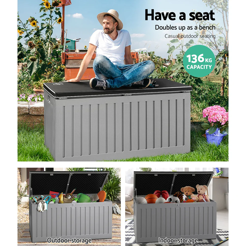 Outdoor Storage Box 270L Container Lockable Garden Bench Tool Shed Grey - Image 4