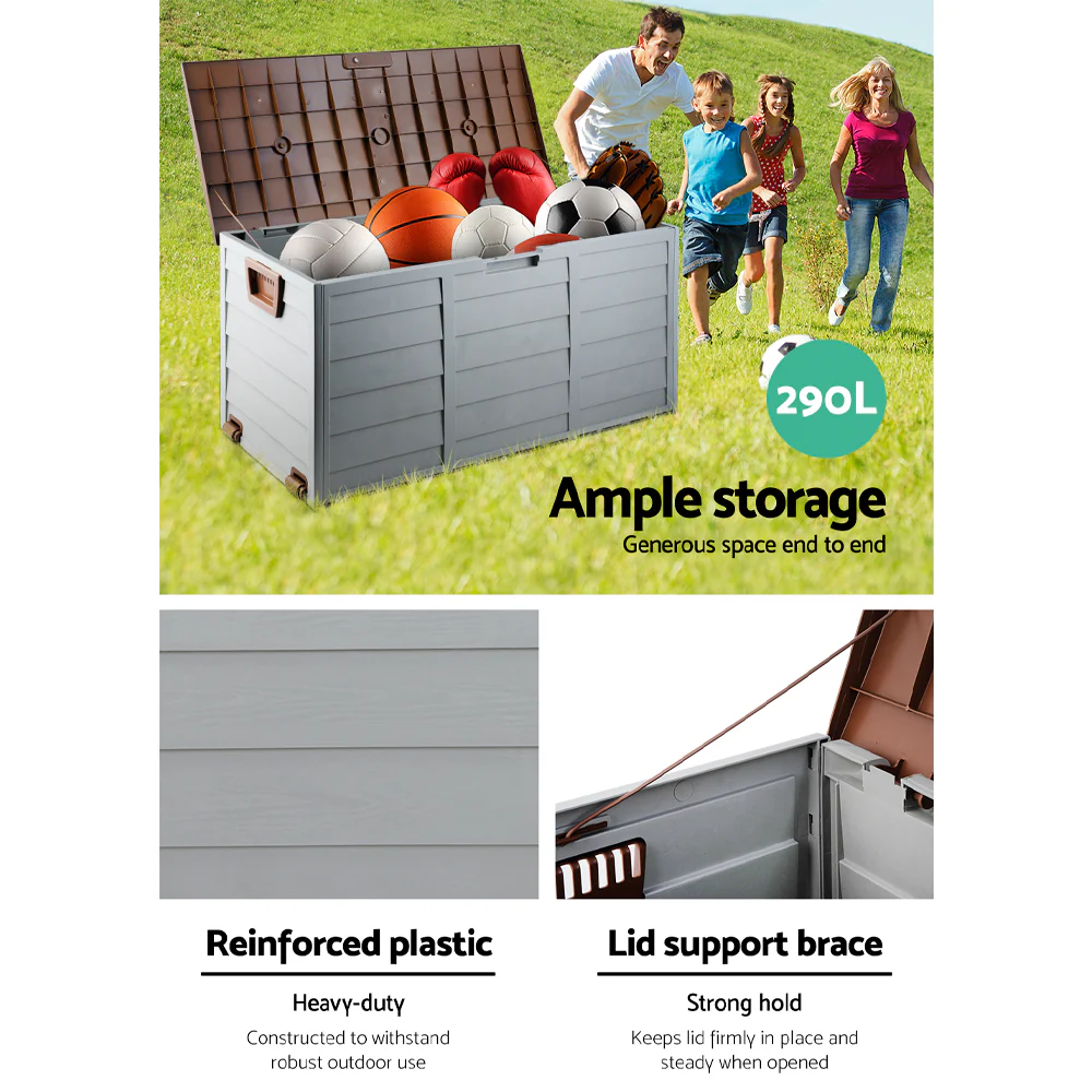 Outdoor Storage Box 290L Lockable Organiser Garden Deck Shed Tool Brown - Image 5