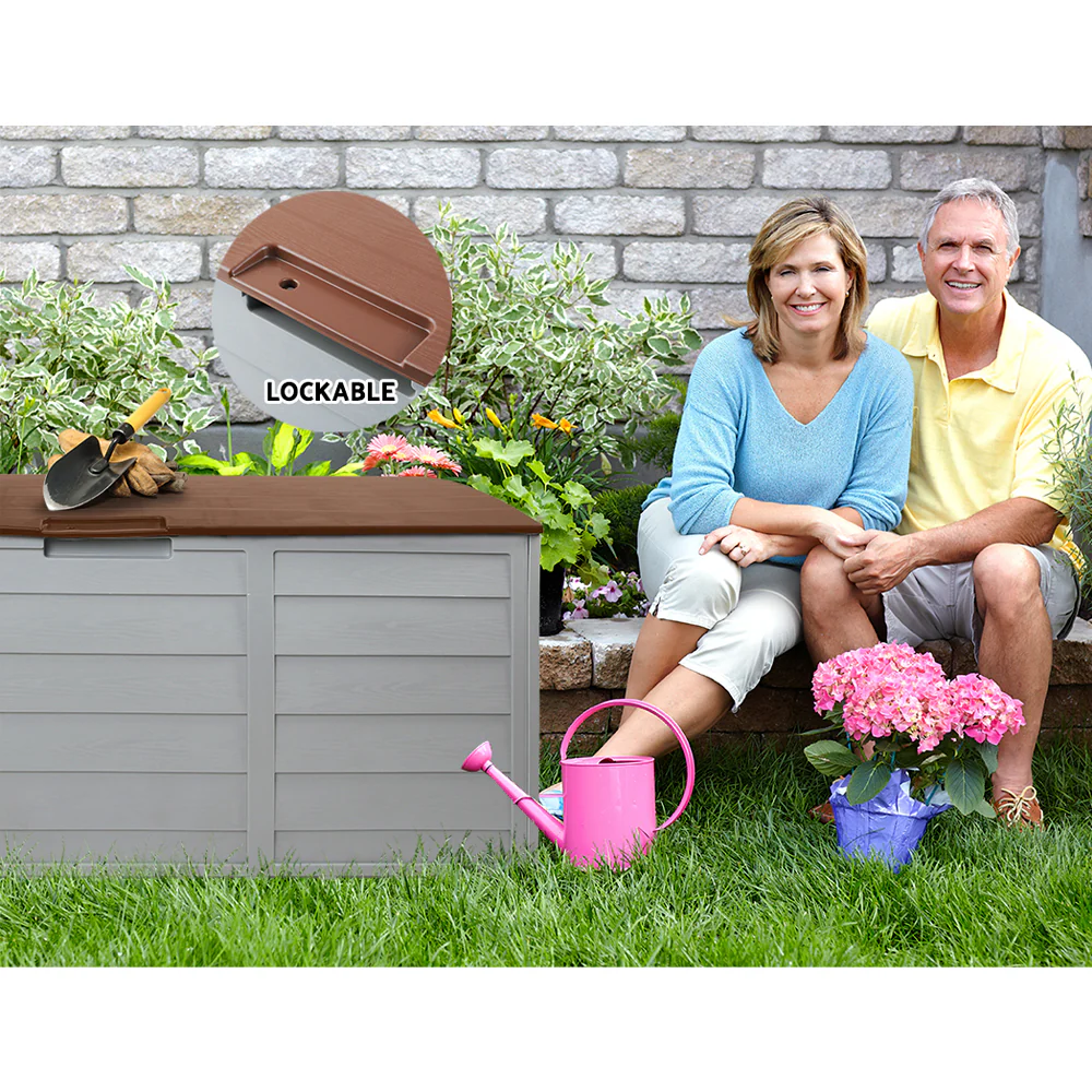 Outdoor Storage Box 290L Lockable Organiser Garden Deck Shed Tool Brown - Image 6