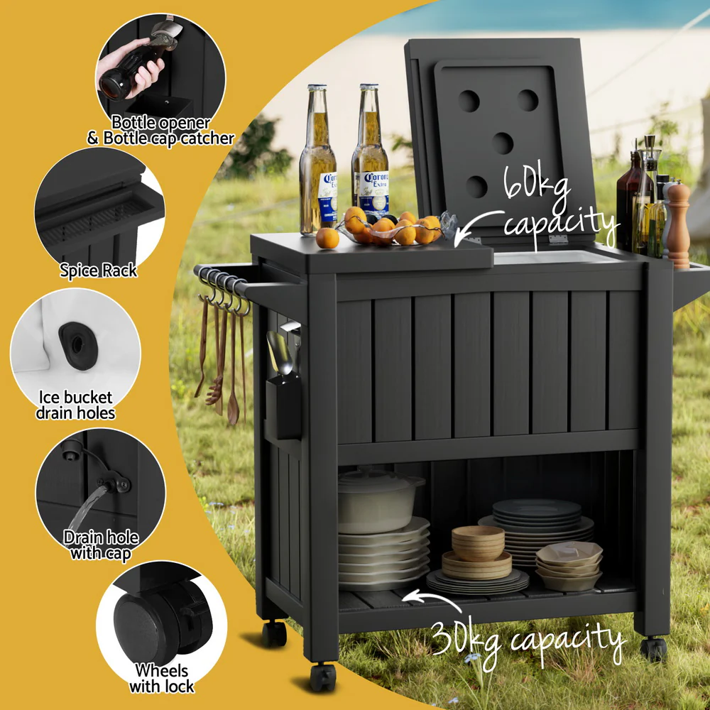 Outdoor Storage Cabinet Box 80L Ice Bucket Cooler Rolling Serving Cart Kitchen Trolley - Image 6
