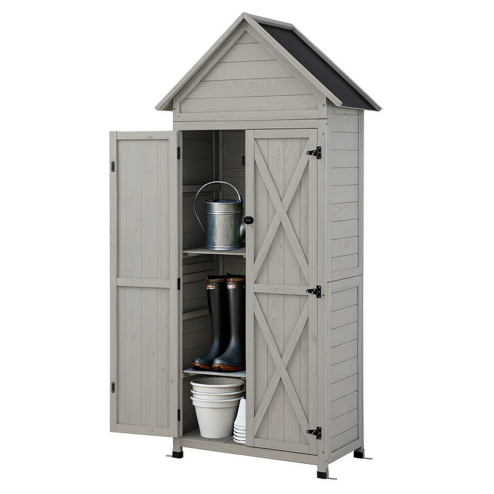 Outdoor Storage Cabinet Cupboard Lockable Tool Organizer Shed Adjustable Grey - Image 2
