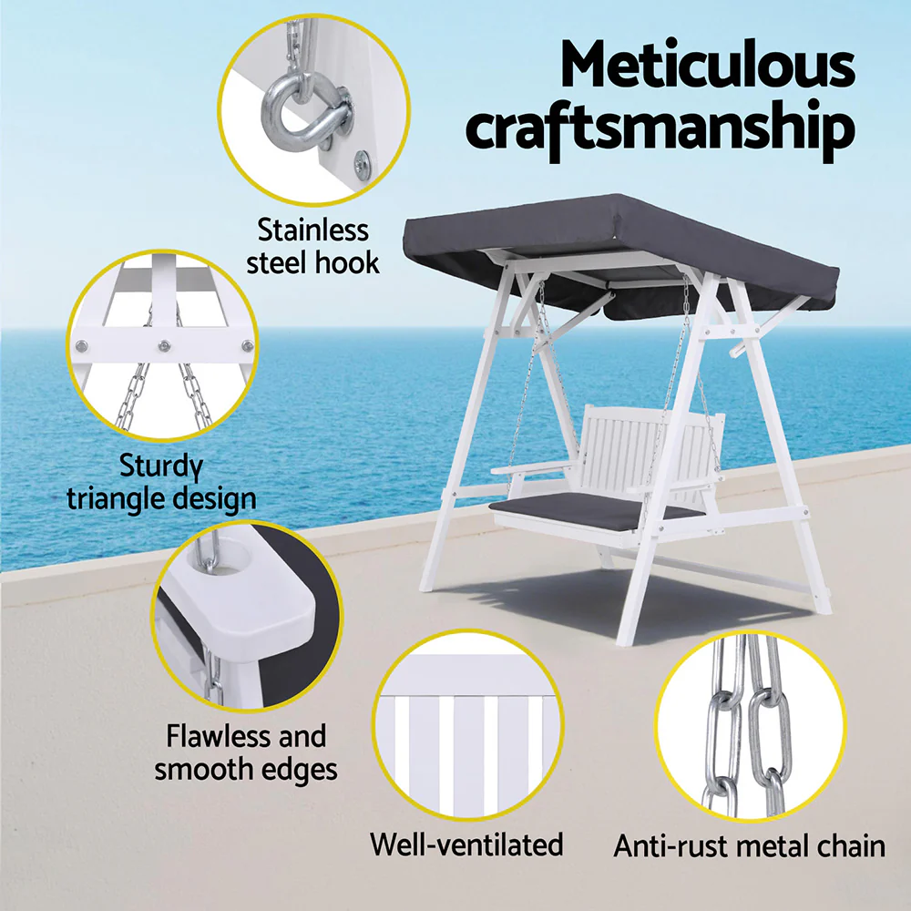 Outdoor Wooden Swing Chair Garden Bench Canopy Cushion 3 Seater White - Image 5
