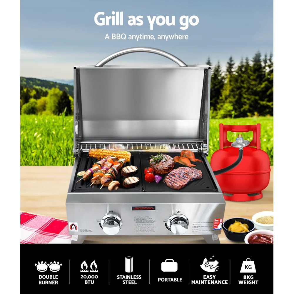 Portable Gas BBQ Grill 2 Burners with 2 Plates - Image 3
