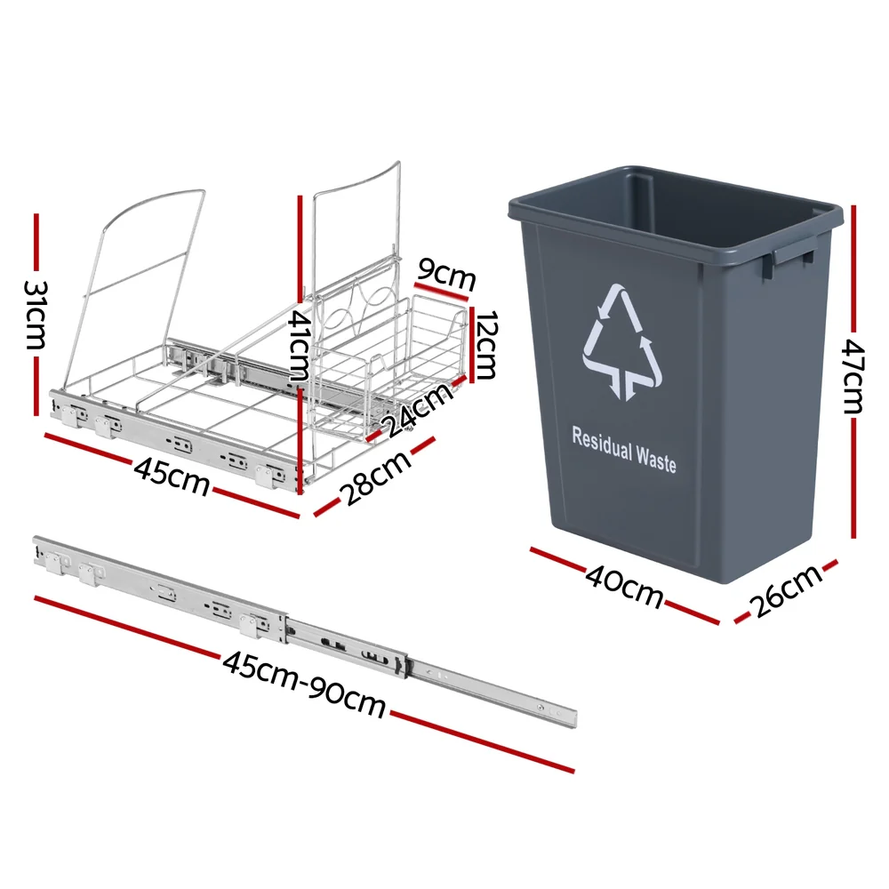 Pull Out Bin Kitchen Cabinet Slide Garbage Rubbish Bins Basket 40L Grey - Image 2