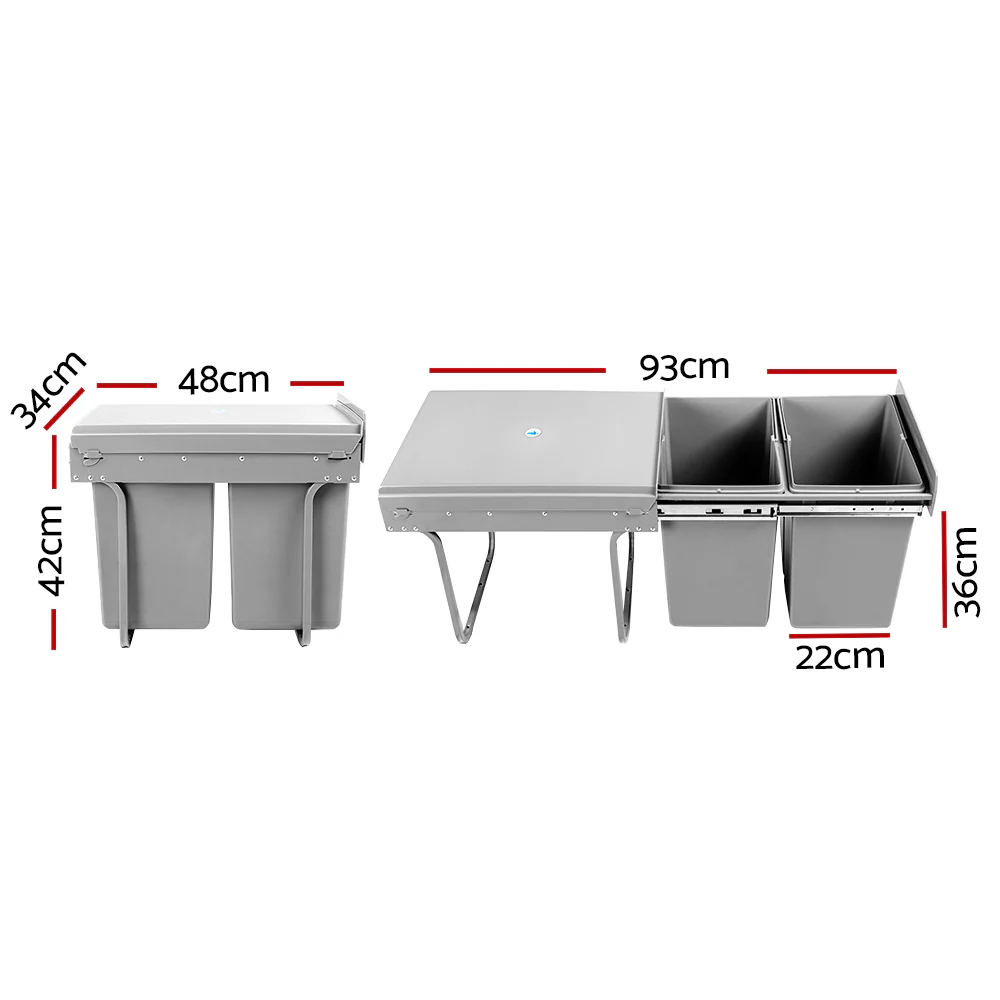 Pull Out Bin Kitchen Double Basket 2X20L Grey - Image 2