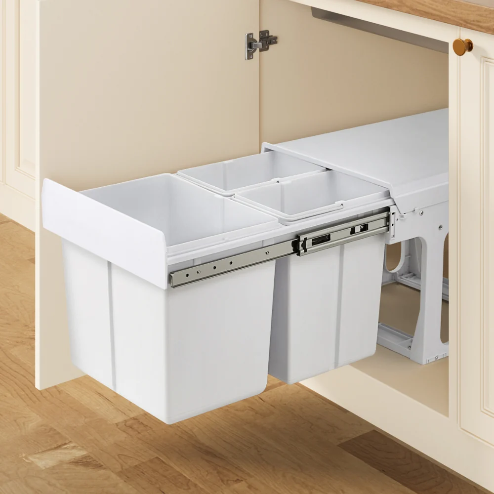 Pull Out Bin Kitchen Triple Slide Garbage Rubbish Bins Basket White 31L - Image 7