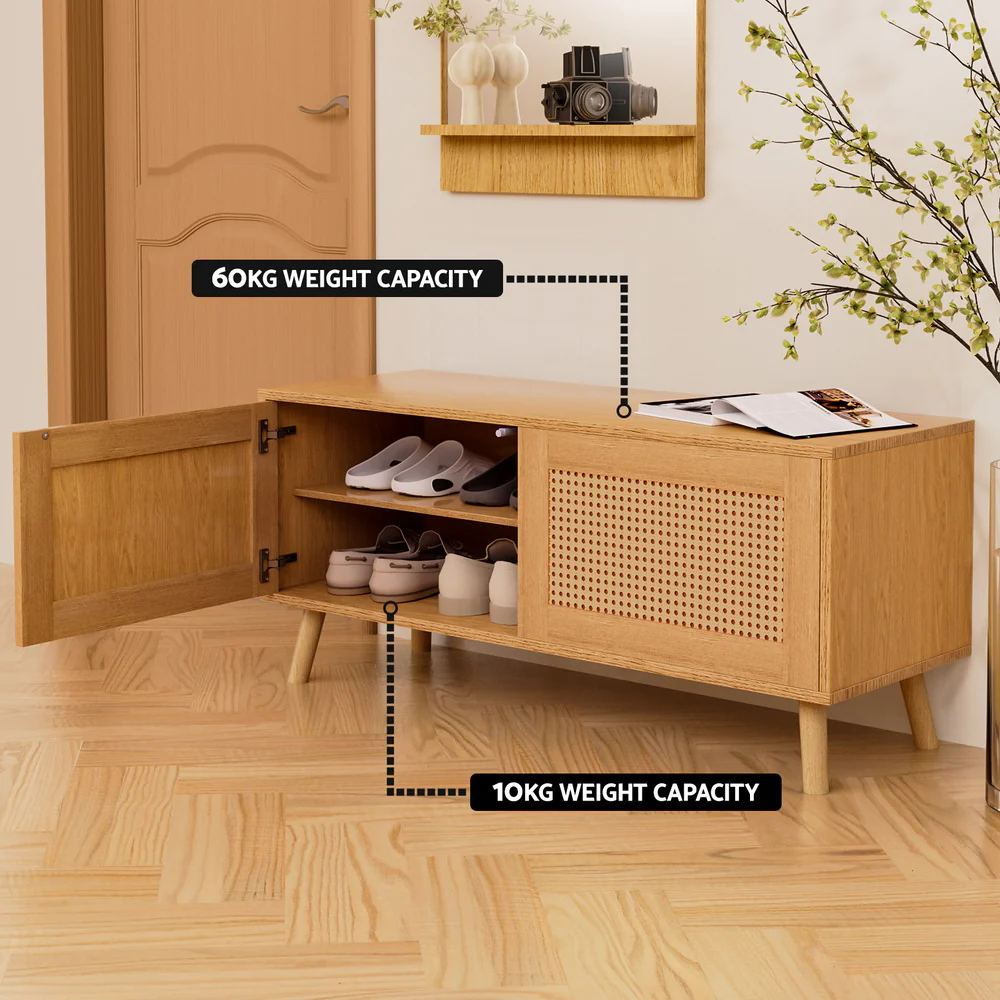 Rattan 2-Door Shoe Cabinet – Pine Finish - Image 6
