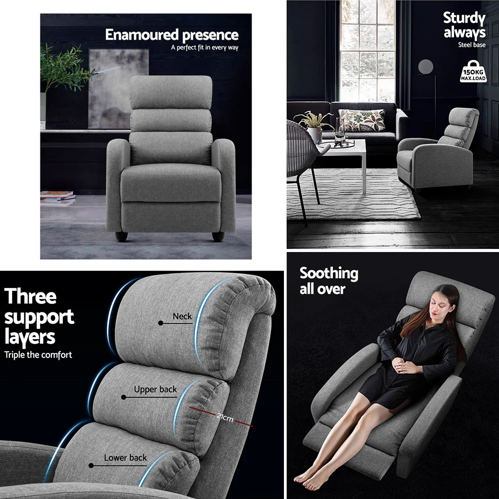 Recliner Armchair Grey Fabric Bolivia - Image 4