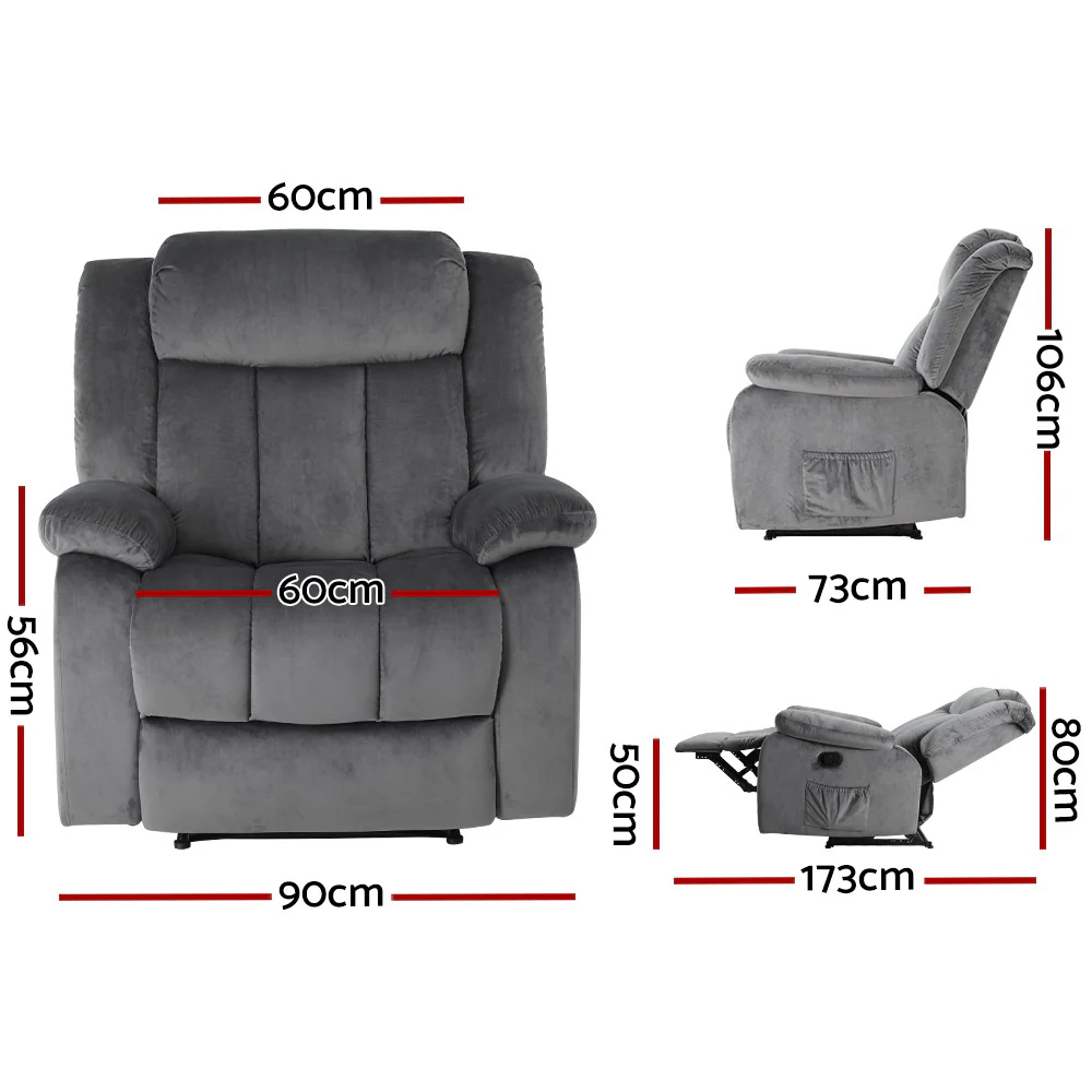 Recliner Chair Electric Massage Chair Velvet Lounge Sofa Heated Grey - Image 2