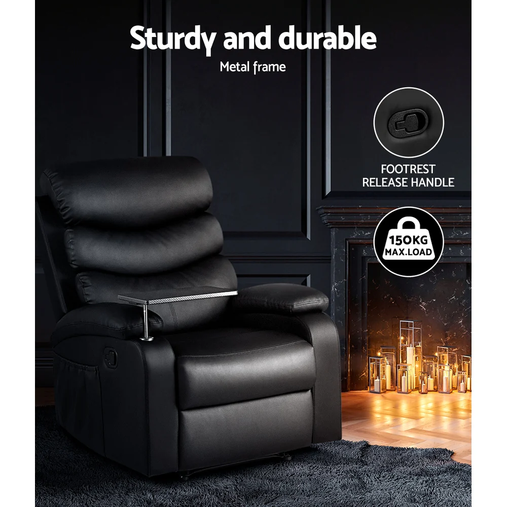 Recliner Chair Leather Black Tray Table Erika - Image 5