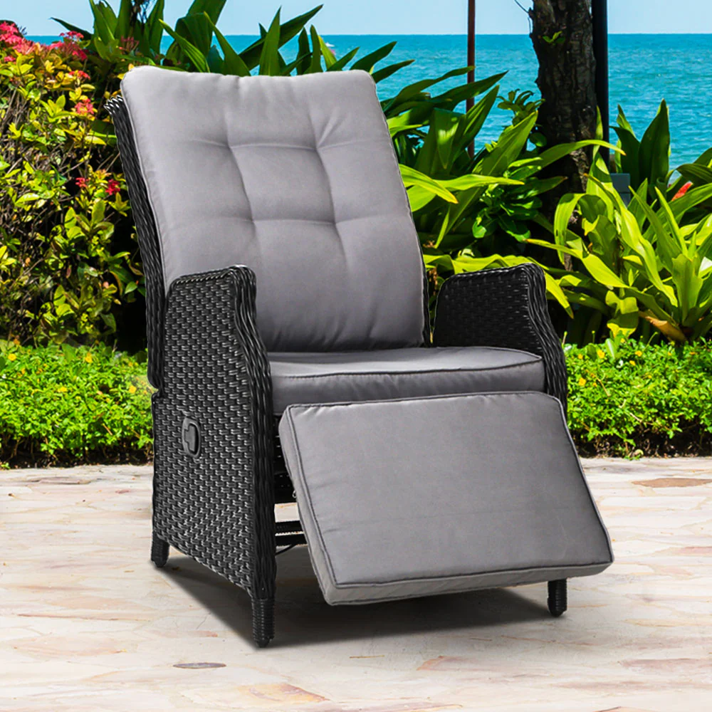 Recliner Chairs Sun lounge Wicker Lounger Outdoor Furniture Patio Adjustable Black - Image 8