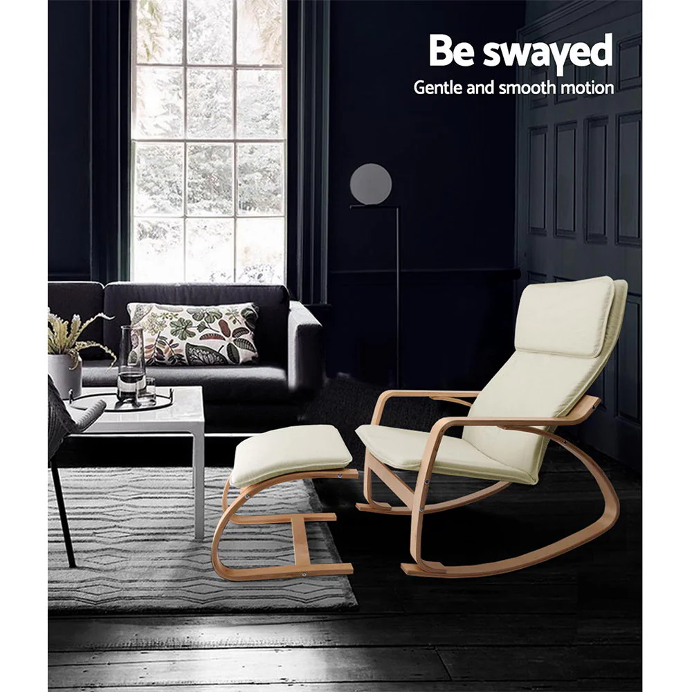 Rocking Armchair Bentwood Frame With Foot Stool Beige - Image 7