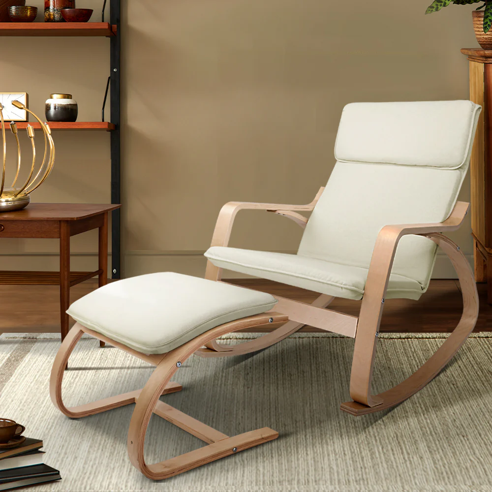 Rocking Armchair Bentwood Frame With Foot Stool Beige - Image 8