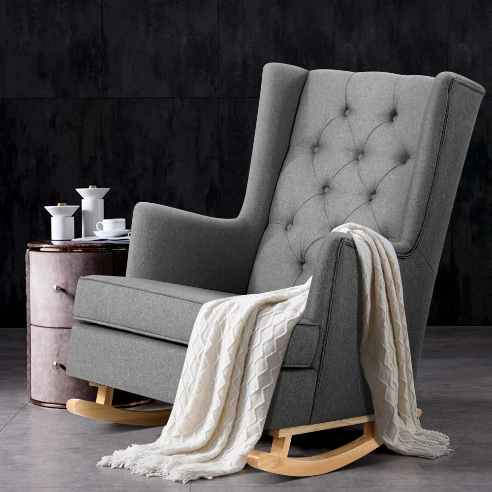 Rocking Chair Armchair Linen Fabric Grey Gaia - Image 7