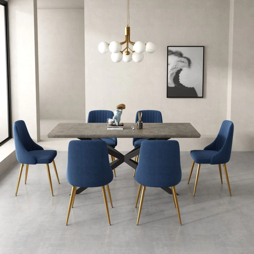 Seraphina Dining Set With 6 Blue Velvet Chairs - Image 2