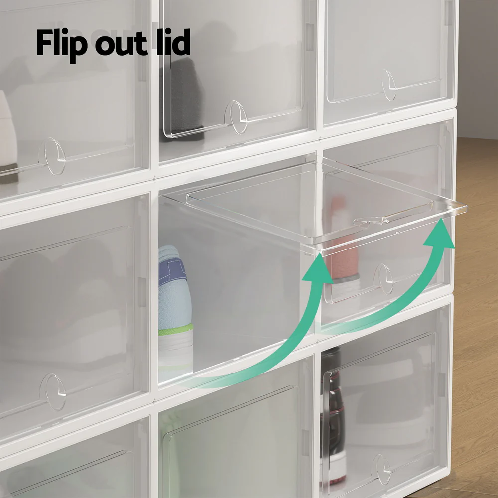 Set of 12 Foldable & Stackable Shoe Storage Boxes – Clear & White - Image 7