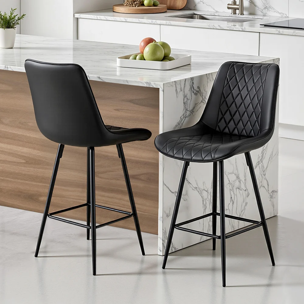 Set of 2 Ashton Diamond Leather Bar Stools – Black - Image 7