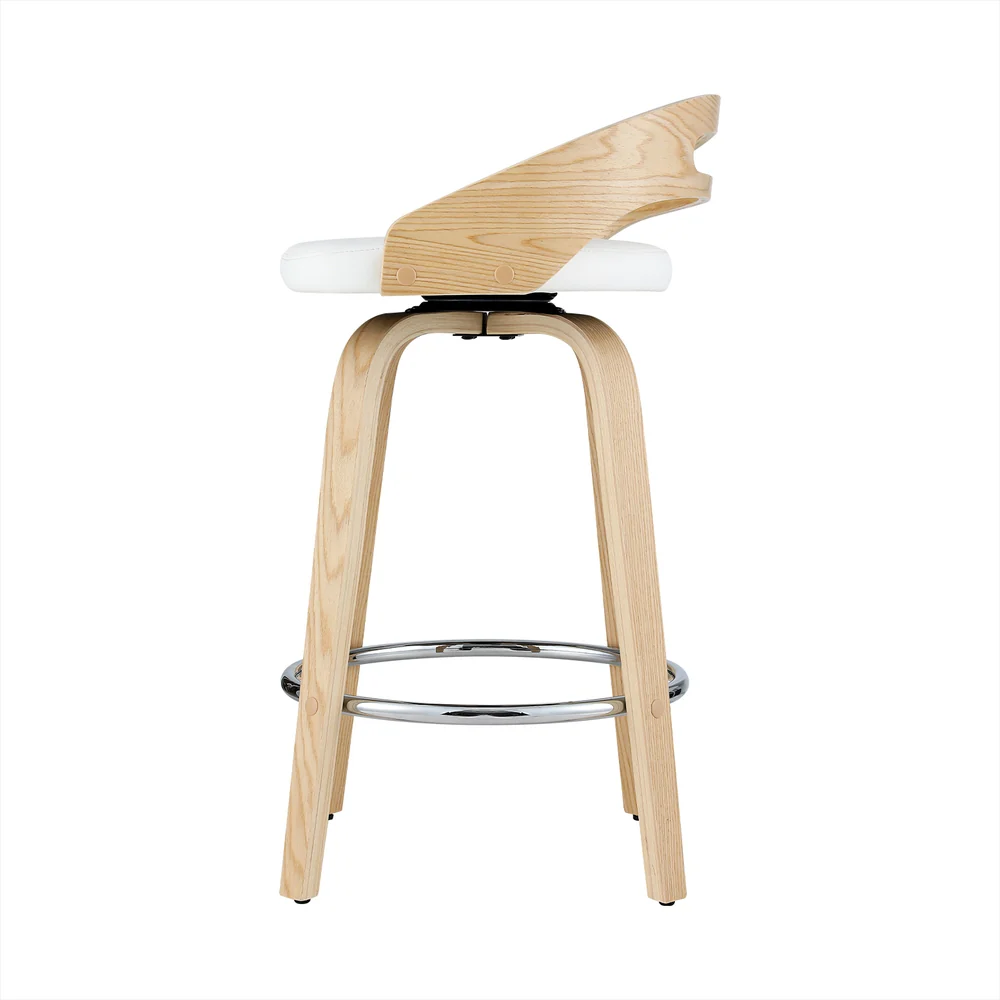 Set of 2 Aveline Swivel PU Leather Bar Stools – White & Walnut - Image 3