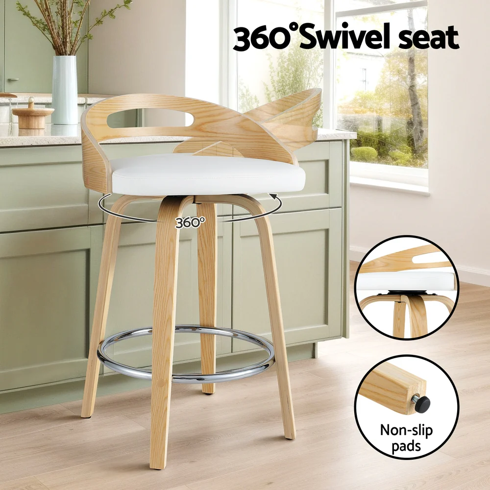 Set of 2 Aveline Swivel PU Leather Bar Stools – White & Walnut - Image 4
