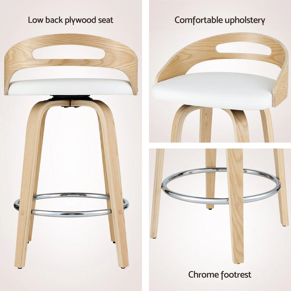 Set of 2 Aveline Swivel PU Leather Bar Stools – White & Walnut - Image 5