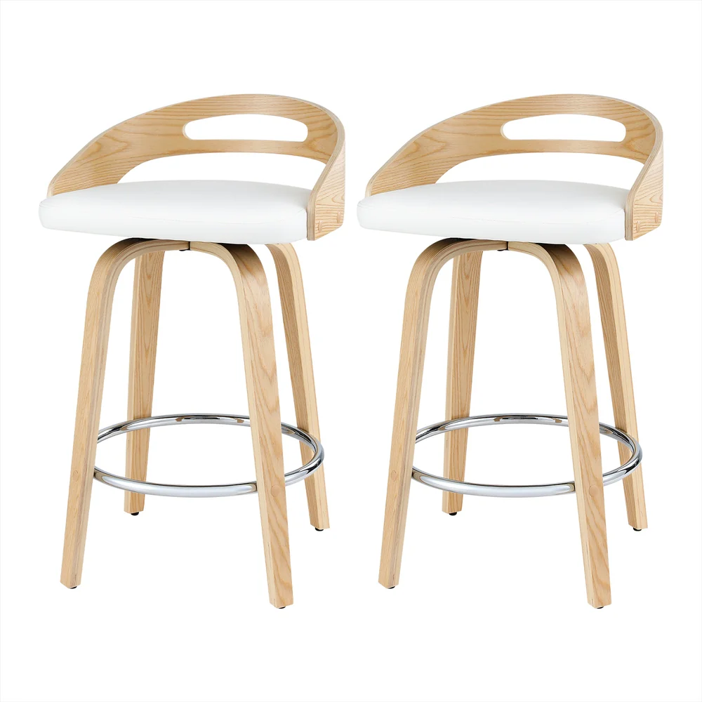 Set of 2 Aveline Swivel PU Leather Bar Stools – White & Walnut - Image 7