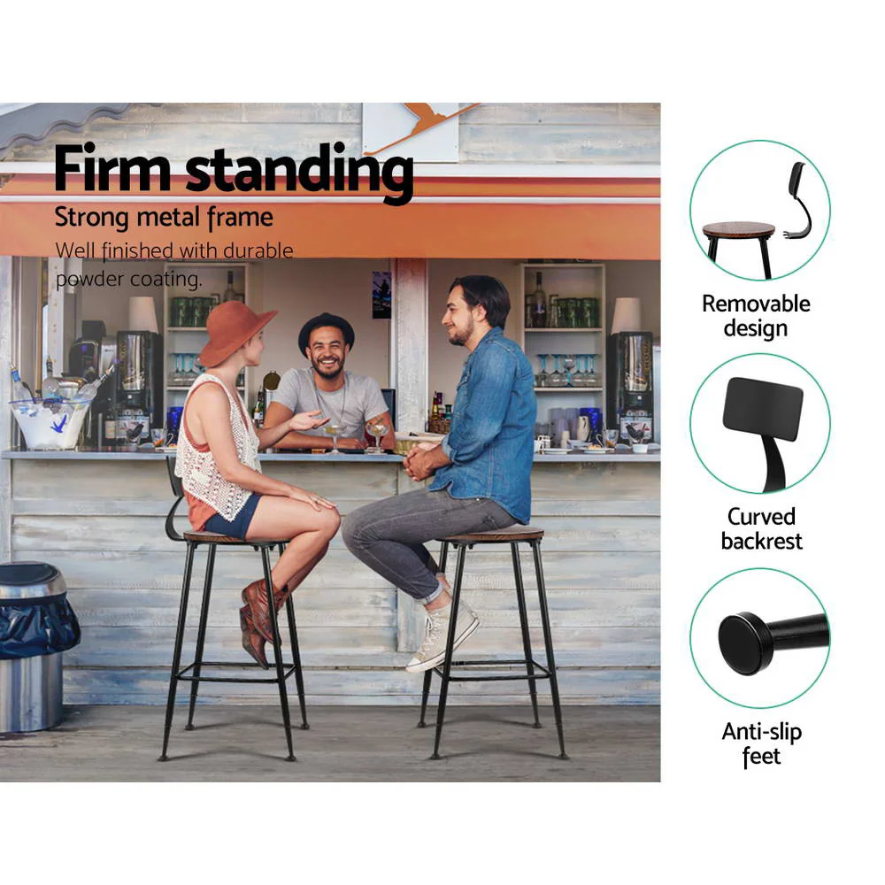 Set of 2 Bar Stools Pinewood Metal - Black and Wood - Image 6