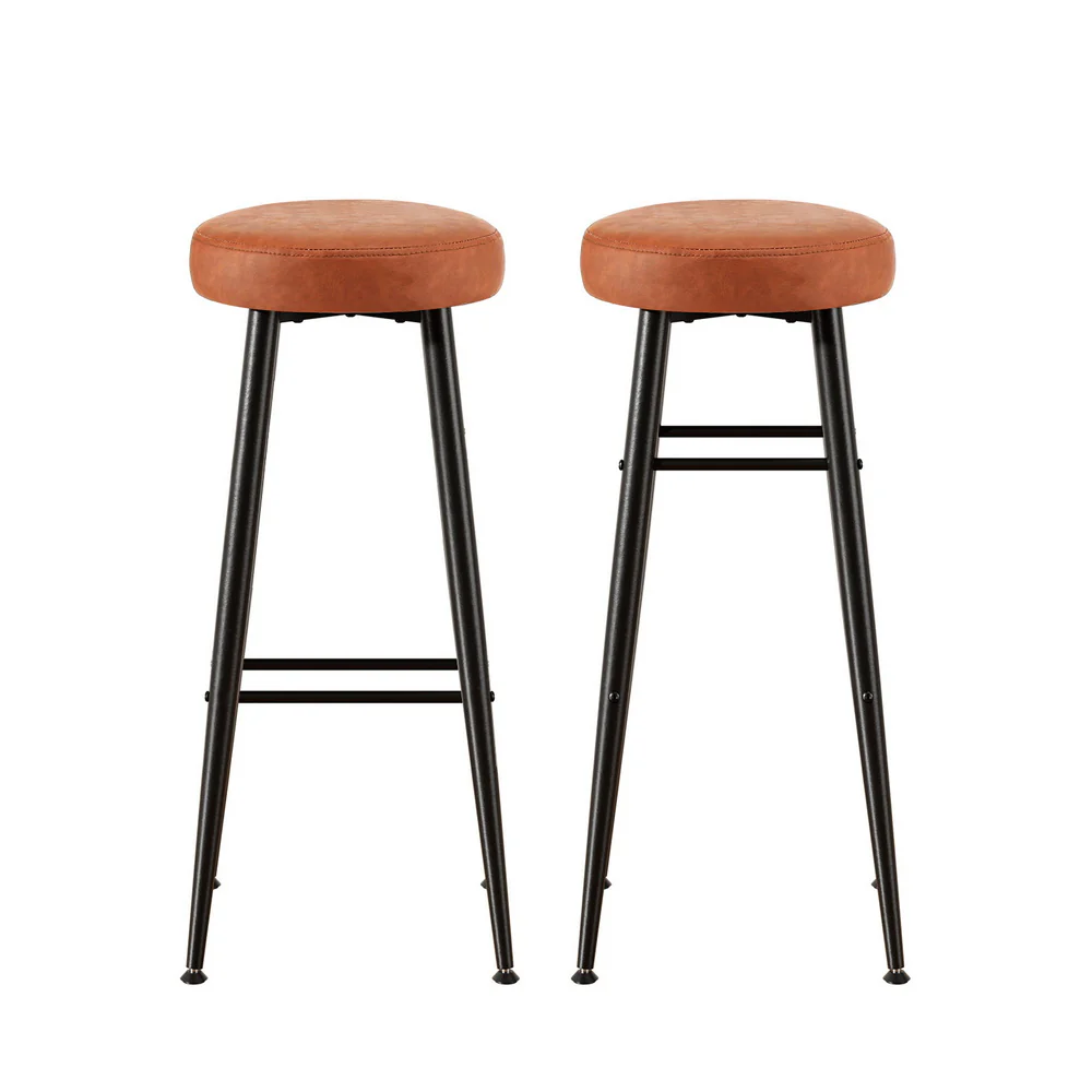 Set of 2 Barossa Round Leather Bar Stools - Brown - Image 3