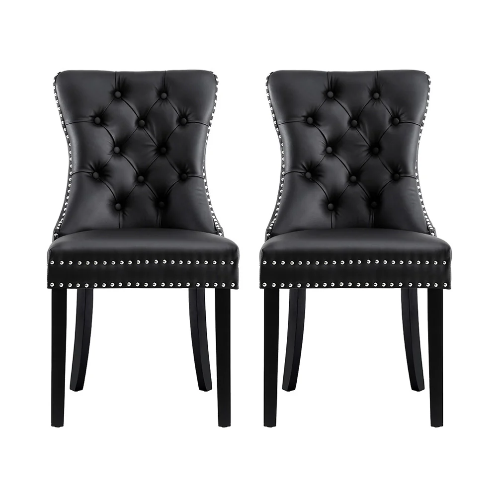 Set of 2 Beaumont Button Tufted PU Leather Dining Chairs - Black - Image 3